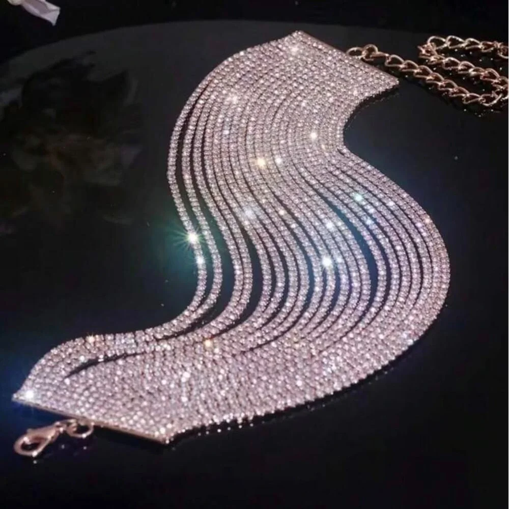 Silver Rhinestone Clear White Multi-Strand Choker Necklace Sparkling Statement - Picture 5 of 5